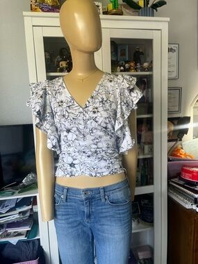 INC International Concepts White Floral Wrap V-Neck Ruffle Top